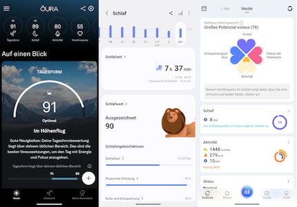 The Oura app (left) compared with Samsung’s (middle) and RingConn’s (right).