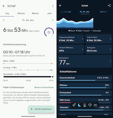Sleep tracking by Google (left) and Oura (right)..