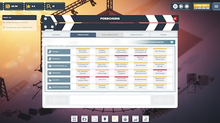 Only with research points, which I collect by shooting and analysing films, can I activate various bonuses for the areas of dialogue, screenplay, costumes and make-up, props, location, lighting and decor.