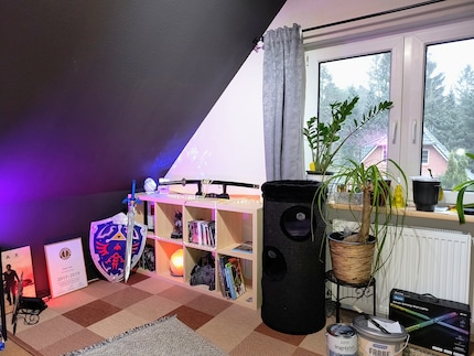 Vorher: Das RGB-beleuchtete Regal bildet abends ohne das Deckenlicht immerhin einen hübschen Webcam-Hintergrund.