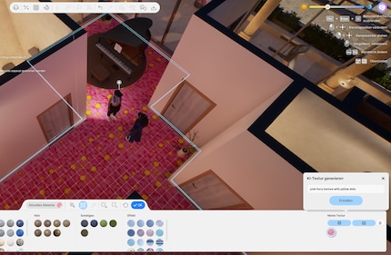 You can design textures for objects, walls and floors by entering text.