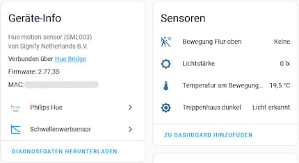 Hue-Bewegungssensoren haben ein Thermometer – das wusste ich vorher nicht.