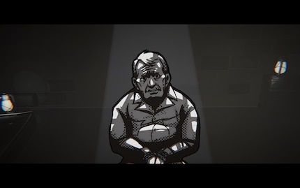 Victim Hans Naumann before his execution. The visuals are simple, but sharp and intense.