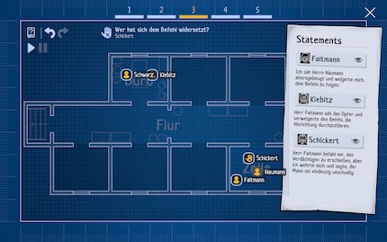 I reconstruct the case on a floor plan of the crime scene.