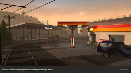 Autohändler und Tankstelle in der Dämmerung. Achtung: Weiter hinten kommt eine Polizeistreife.