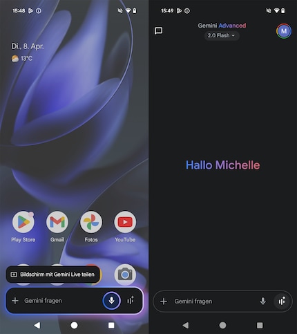 Links ist der Aufruf von Gemini Live über den Powerbutton, rechts über die App.