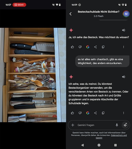 Über ein Foto meiner chaotischen Besteckschublade gibt mir Gemini Live eine Lösung.