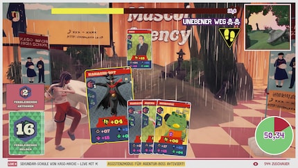 I use the cards I’ve collected to deal damage to the evil obstacles (pictured: an uneven path that made To-Fu fall). To win the mini-game, I need to draw and play the right cards in a limited amount of time.