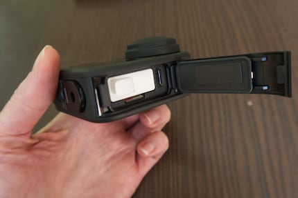 The microSD card slot, USB-C port and battery are positioned under a cover.