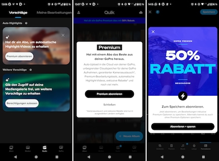 The Quik app is littered with ads for the premium subscription. Here are three examples.