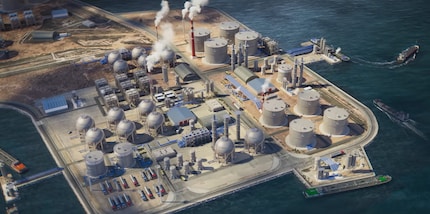 This industry seems to have special jetties. At the bottom left you can see several parked lorries.
