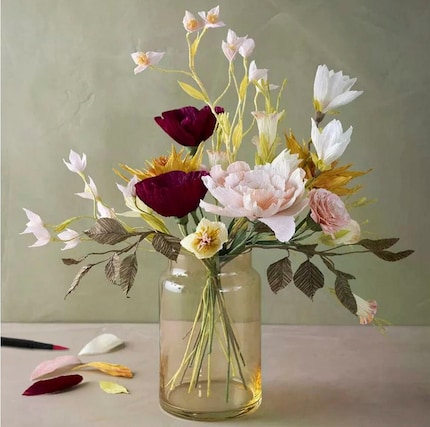 A lush bouquet of flowers made from crepe paper