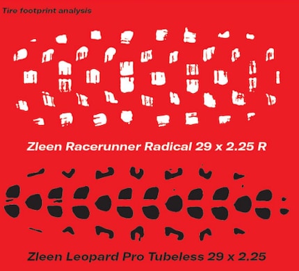 The contact area or footprint of the new Racerunner Radical compared to a previous MTB tyre.