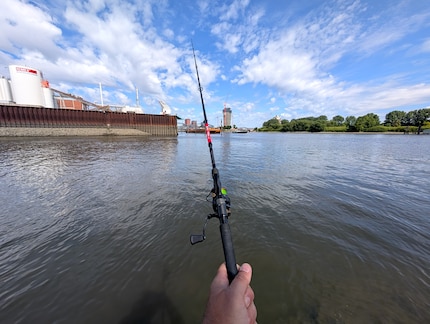 Mittendrin statt nur Touristen-Rundfahrt: Angeln in der Elbe, mitten im Hafen.