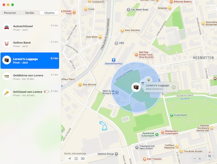 Auf den mit meinem Account verbundenen Apple-Geräten kann ich den Standort aller AirTags mitverfolgen.