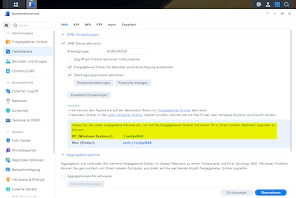 Bei Synology ist die Netzwerkadresse am gleichen Ort in den Einstellungen zu finden ...