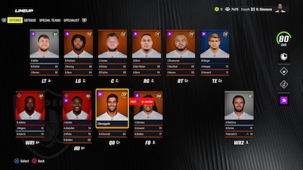 Im Line-Up-Screen von «Madden NFL 24» stelle ich die Depth Chart meines Teams ein.