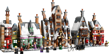The complete Hogsmeade set with seven snow-covered buildings and numerous figures.
