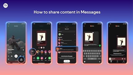 How sharing works in Spotify Messages: Use the share icon to select a contact, write a message and send the song directly in the chat.