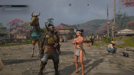 Yasuke, posing in fancy armour next to a half-naked NPC.