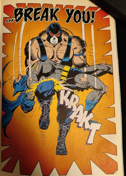 In what is probably the most famous scene from «Knightfall», Bane defeats the exhausted Batman and breaks him for good.