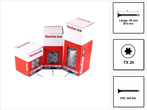 Fischer 300 X Chipboard Screws Power-Fast II 3.5 X 20 Countersunk Head With Phillips Fully Threaded Galvanised Blue Passivated (Item No. 670111